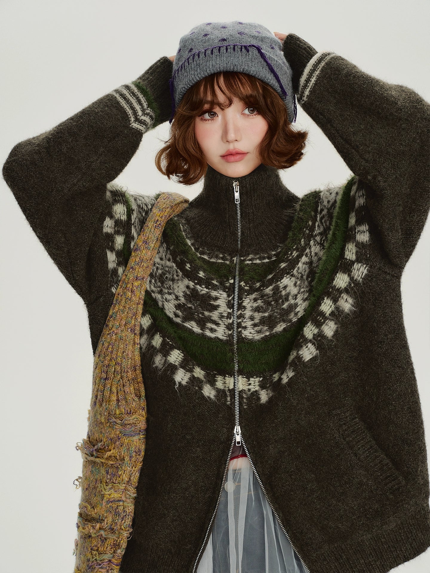 Girlyhalo美式复古费尔岛提花针织外套女冬新款加厚保暖宽松上衣