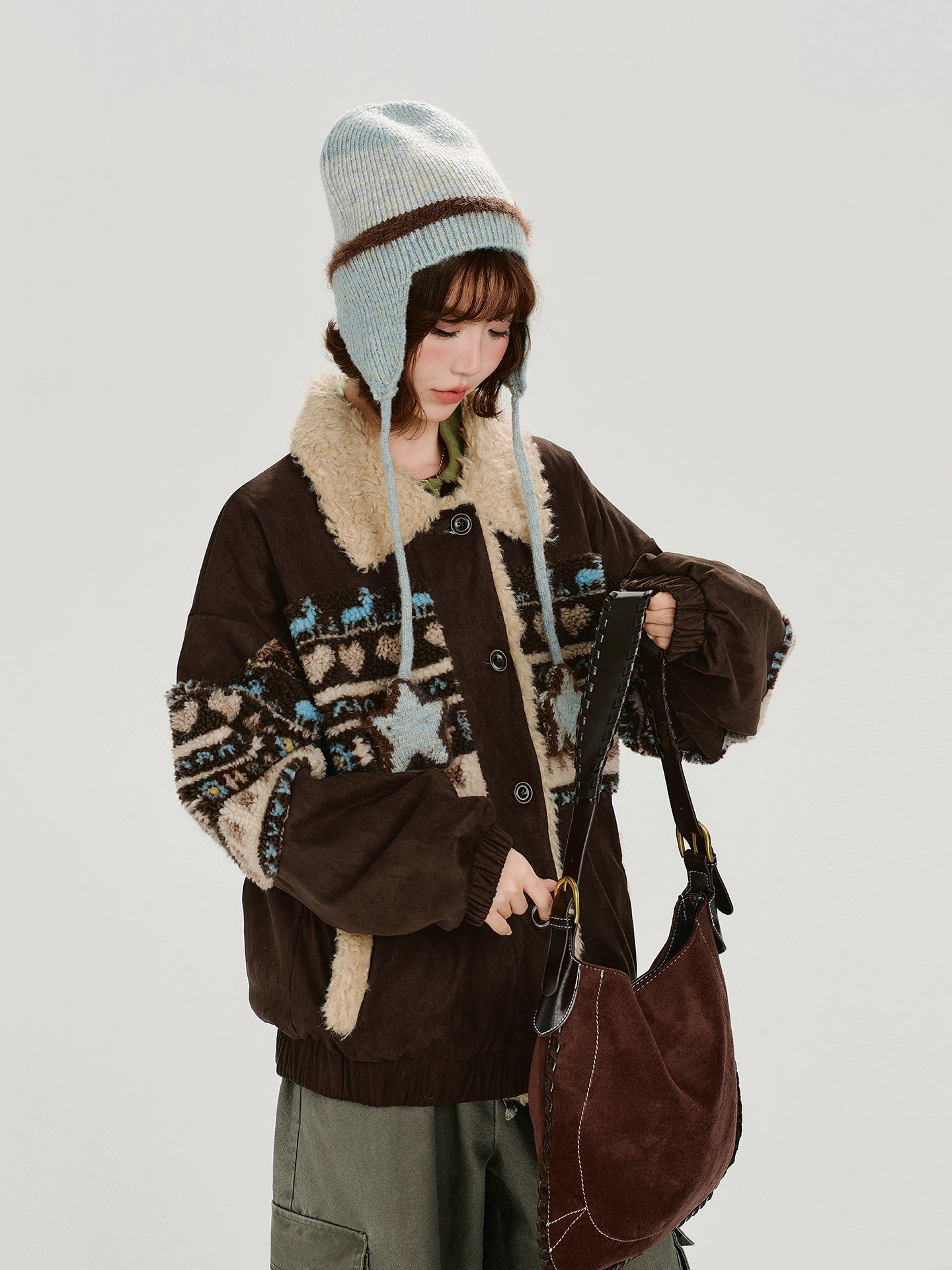 Girlyhalo美式复古撞色翻领外套女冬新款设计感加绒保暖宽松上衣