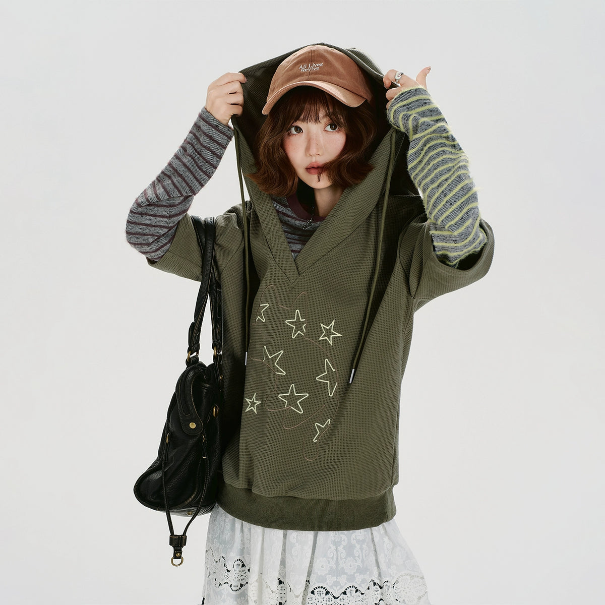 Girlyhalo美式复古条纹假两件连帽卫衣女秋季新款设计感宽松上衣