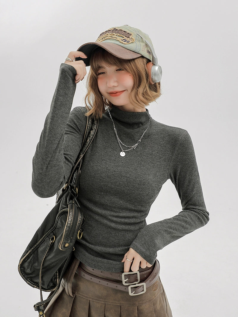 Girlyhalo美式休闲内搭灰色长袖t恤女秋季修身褶皱半高领打底上衣