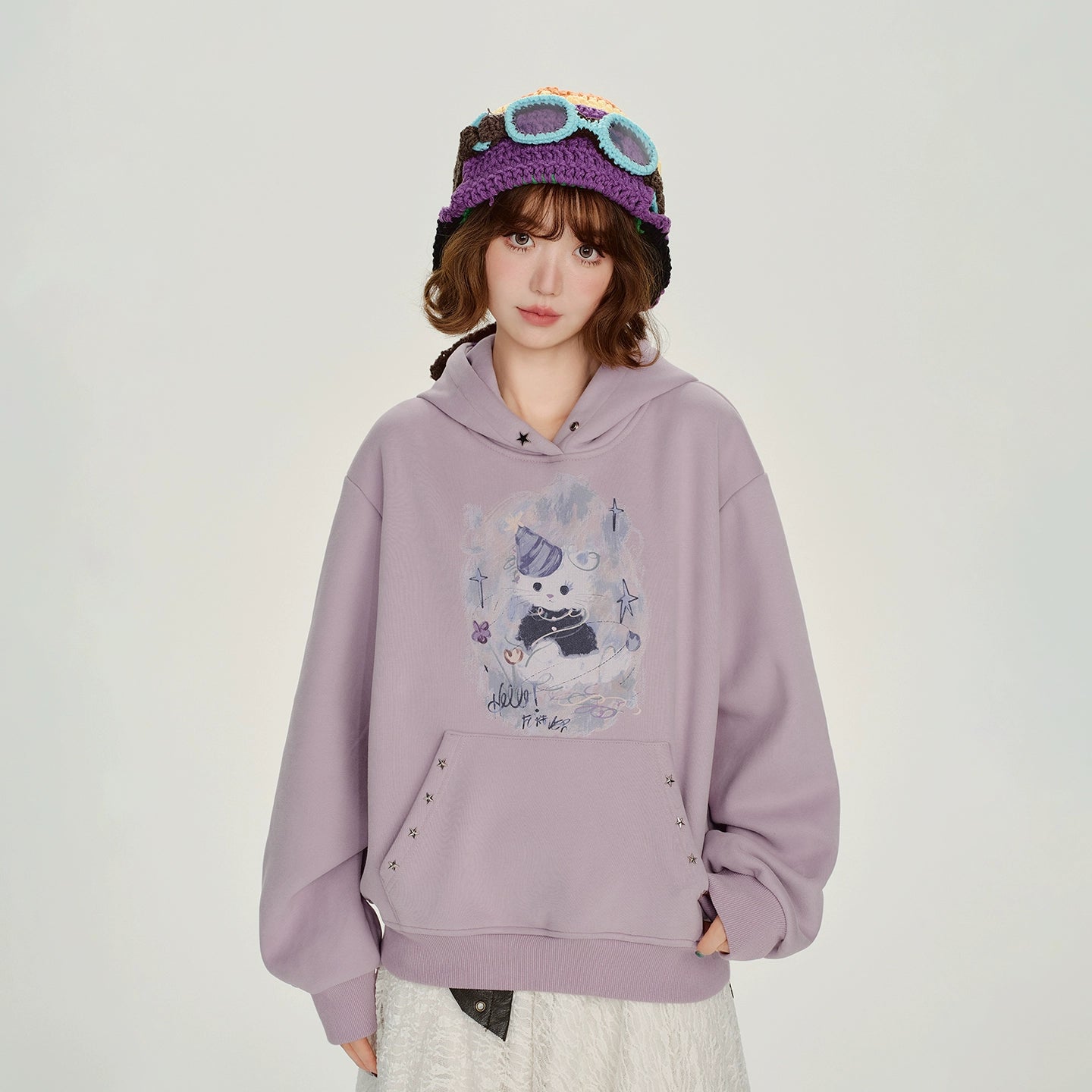 Girlyhalo美式复古印花连帽卫衣女冬季新款加绒保暖慵懒宽松上衣