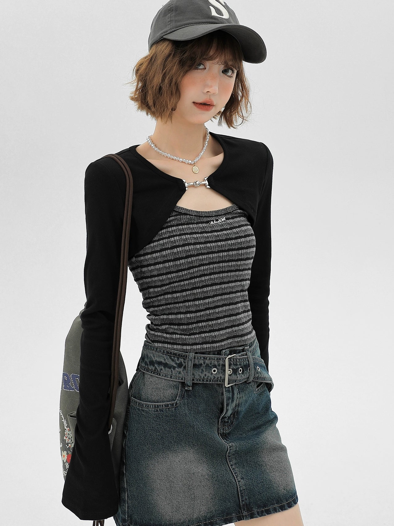 Girlyhalo美式两件套长袖女春季新款甜辣肌理感条纹背心坎肩上衣