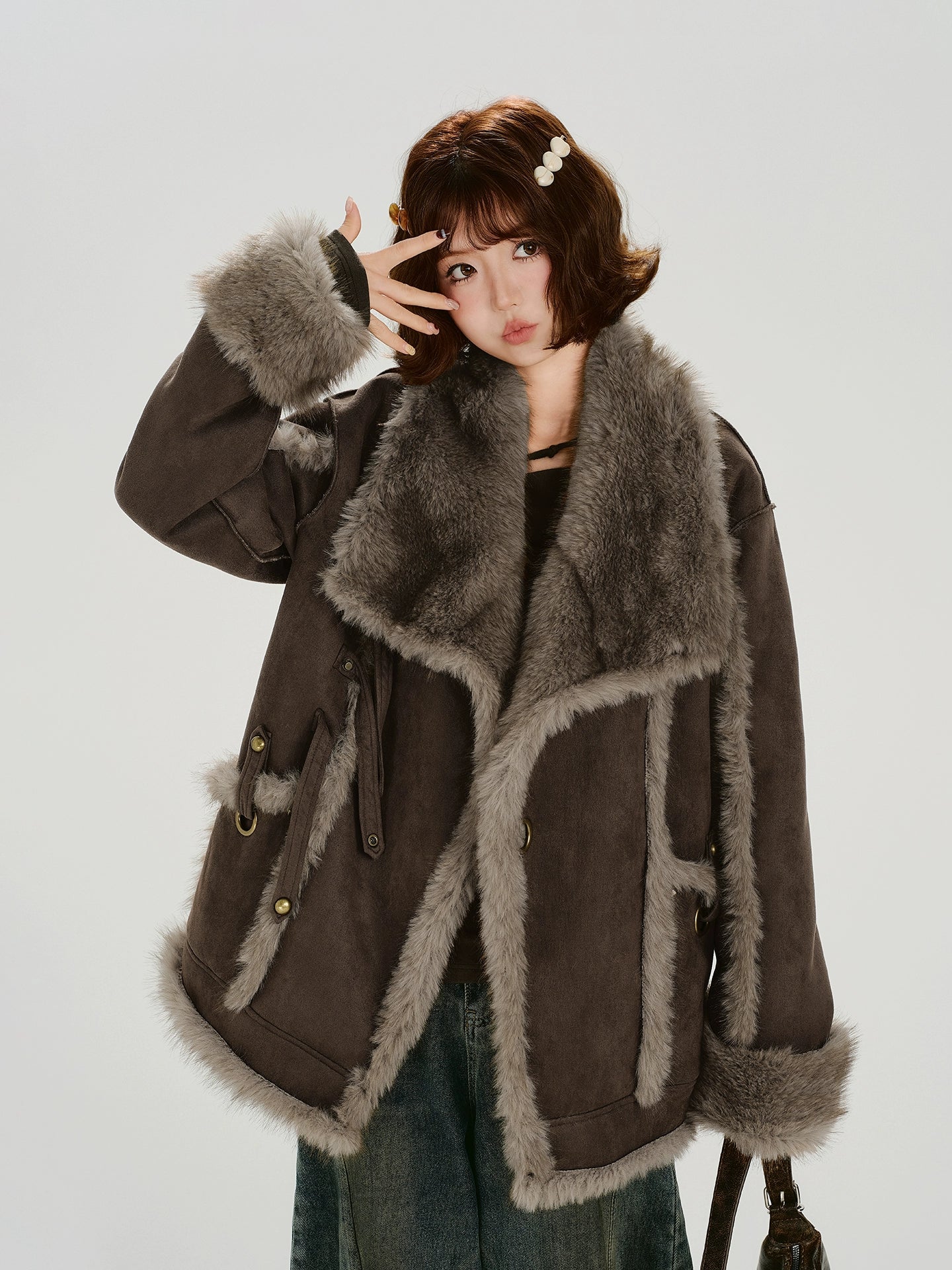 Girlyhalo美式复古大翻领毛绒厚外套女冬季新款加厚保暖宽松上衣