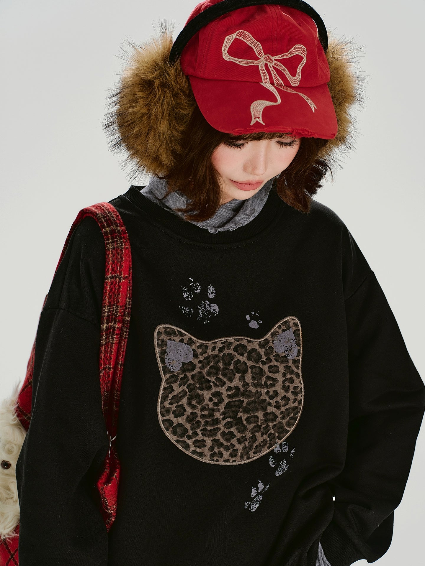 Girlyhalo美式复古刺绣假两件圆领卫衣女秋冬新款加绒宽松上衣