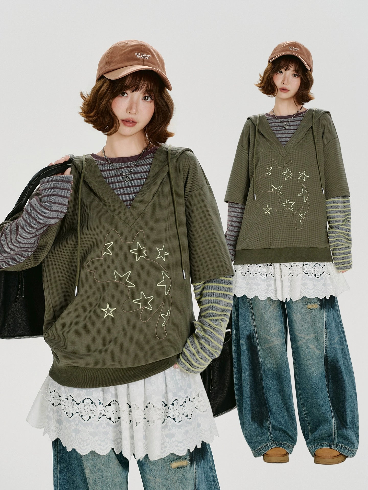 Girlyhalo美式复古条纹假两件连帽卫衣女秋季新款设计感宽松上衣