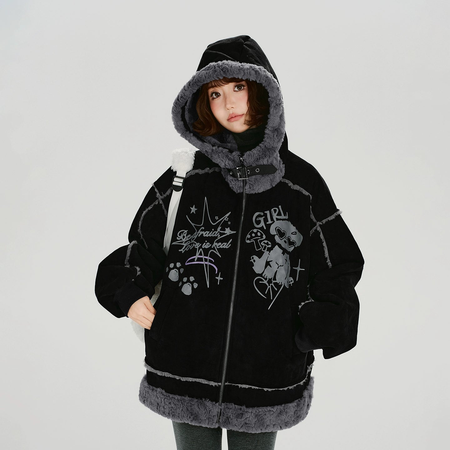 Girlyhalo美式复古印花毛绒麂皮绒外套女冬新款加厚保暖宽松上衣