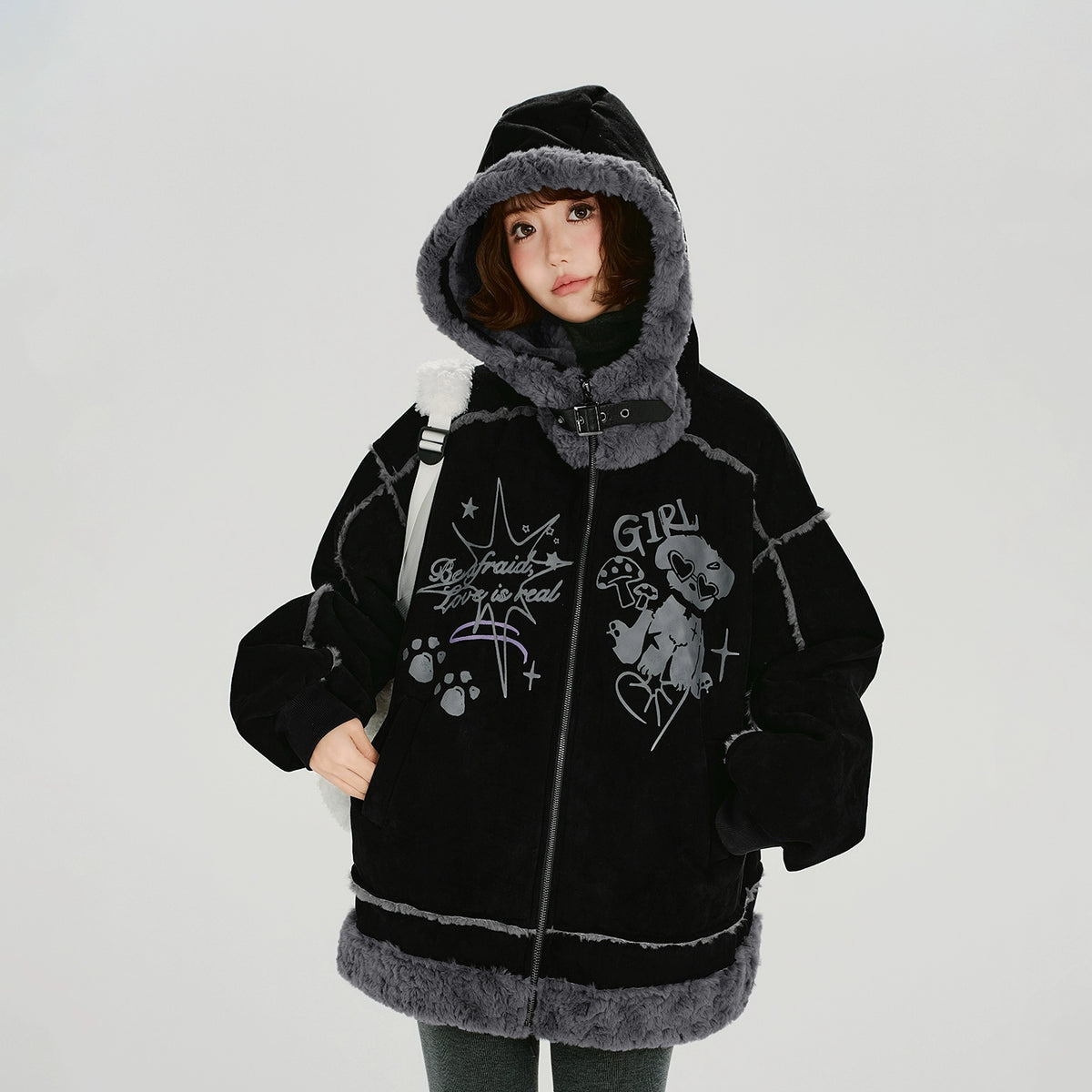 Girlyhalo美式复古印花毛绒麂皮绒外套女冬新款加厚保暖宽松上衣