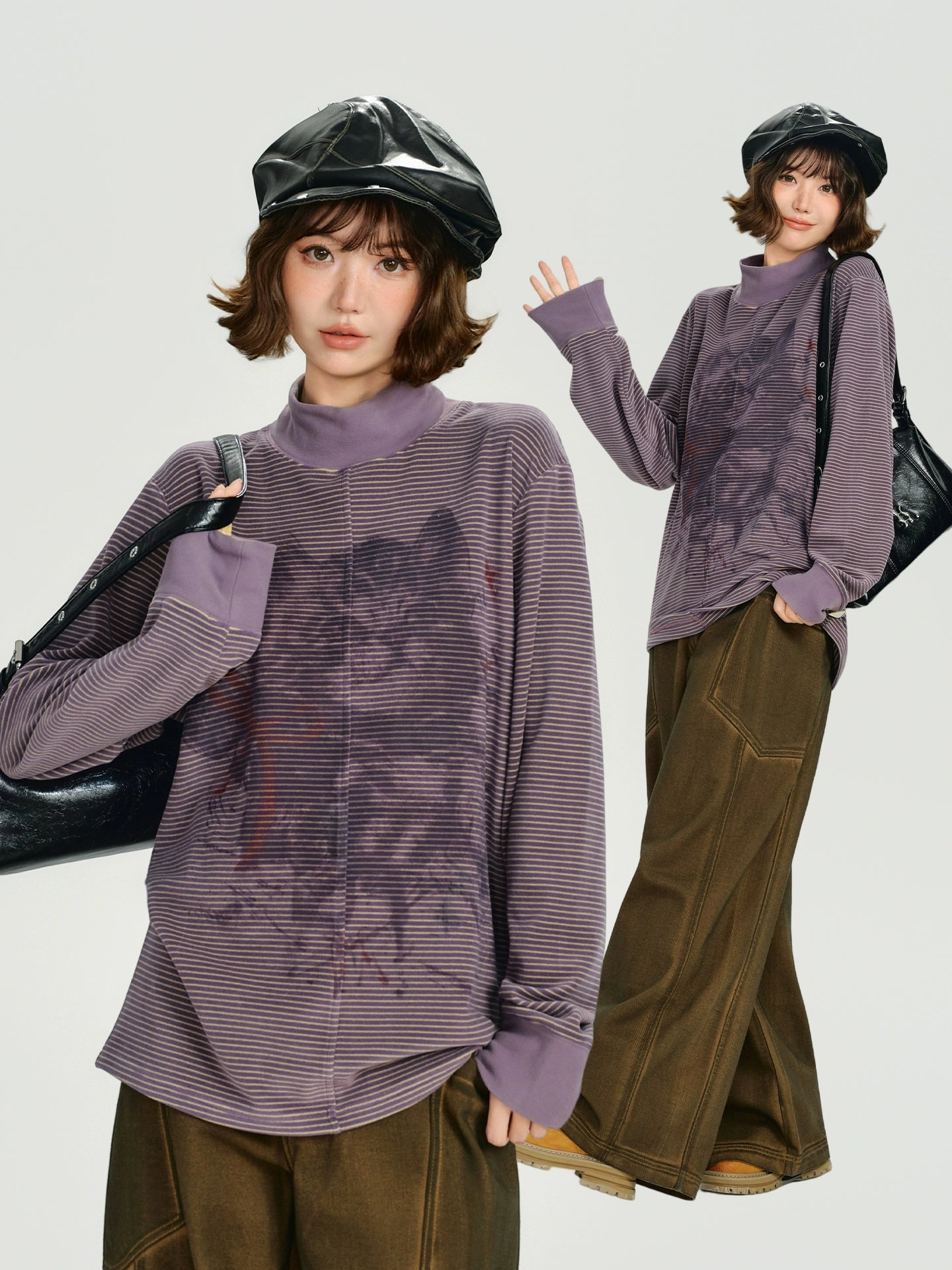 Girlyhalo美式复古印花小高领条纹长袖t恤女秋新款设计感宽松上衣