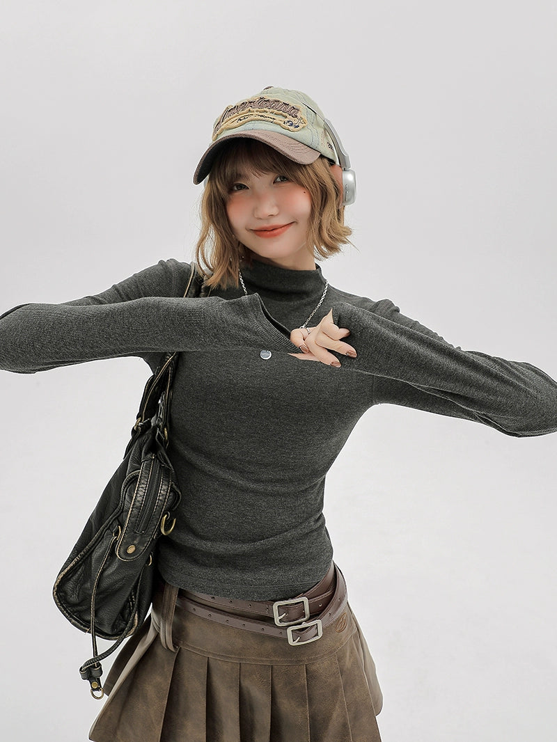 Girlyhalo美式休闲内搭灰色长袖t恤女秋季修身褶皱半高领打底上衣