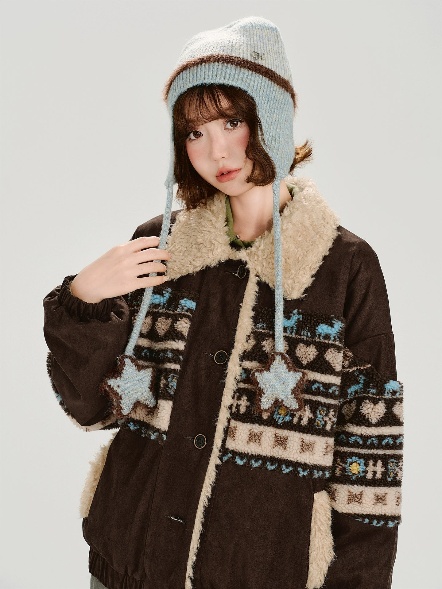 Girlyhalo美式复古撞色翻领外套女冬新款设计感加绒保暖宽松上衣