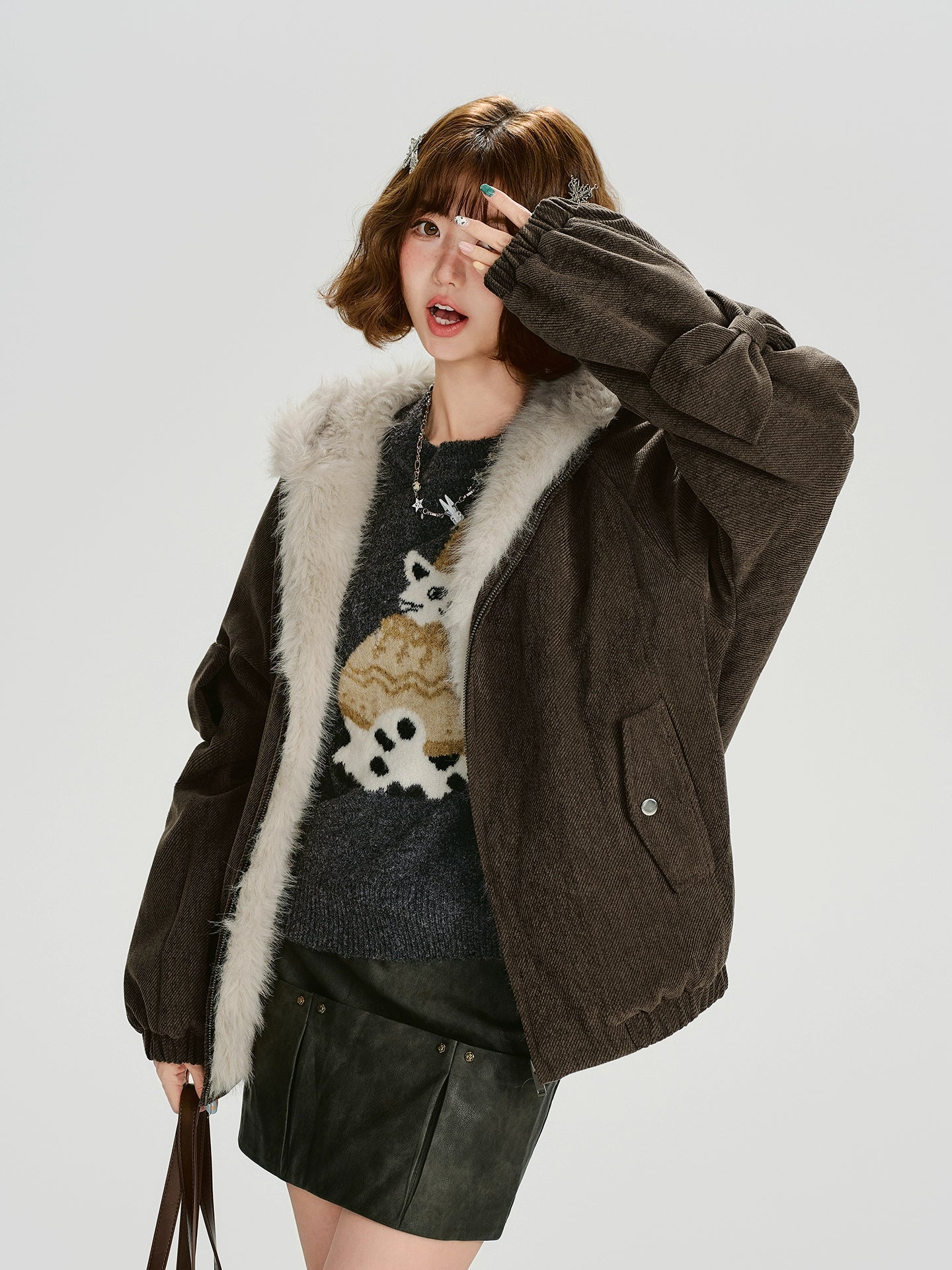 Girlyhalo美式复古连帽外套女冬季新款毛毛绗棉加厚保暖宽松上衣