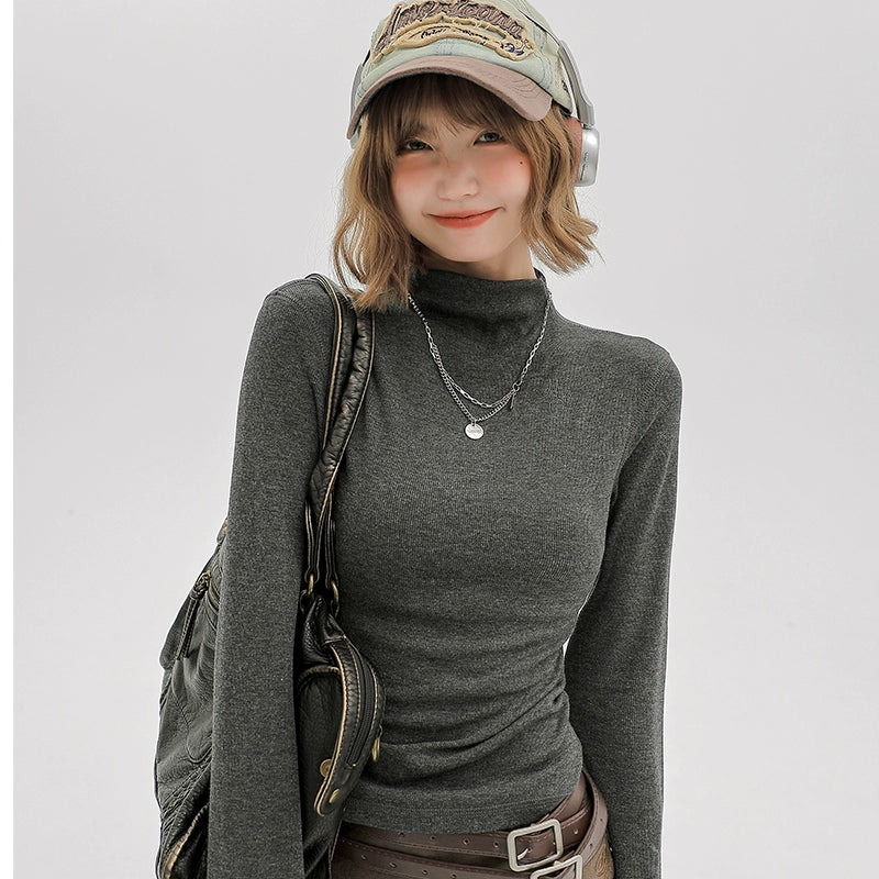 Girlyhalo美式休闲内搭灰色长袖t恤女秋季修身褶皱半高领打底上衣