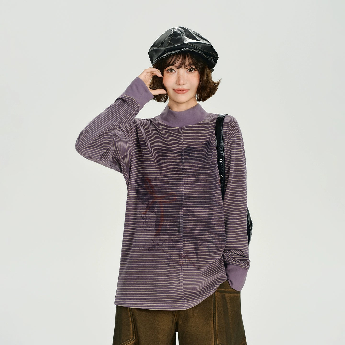 Girlyhalo美式复古印花小高领条纹长袖t恤女秋新款设计感宽松上衣