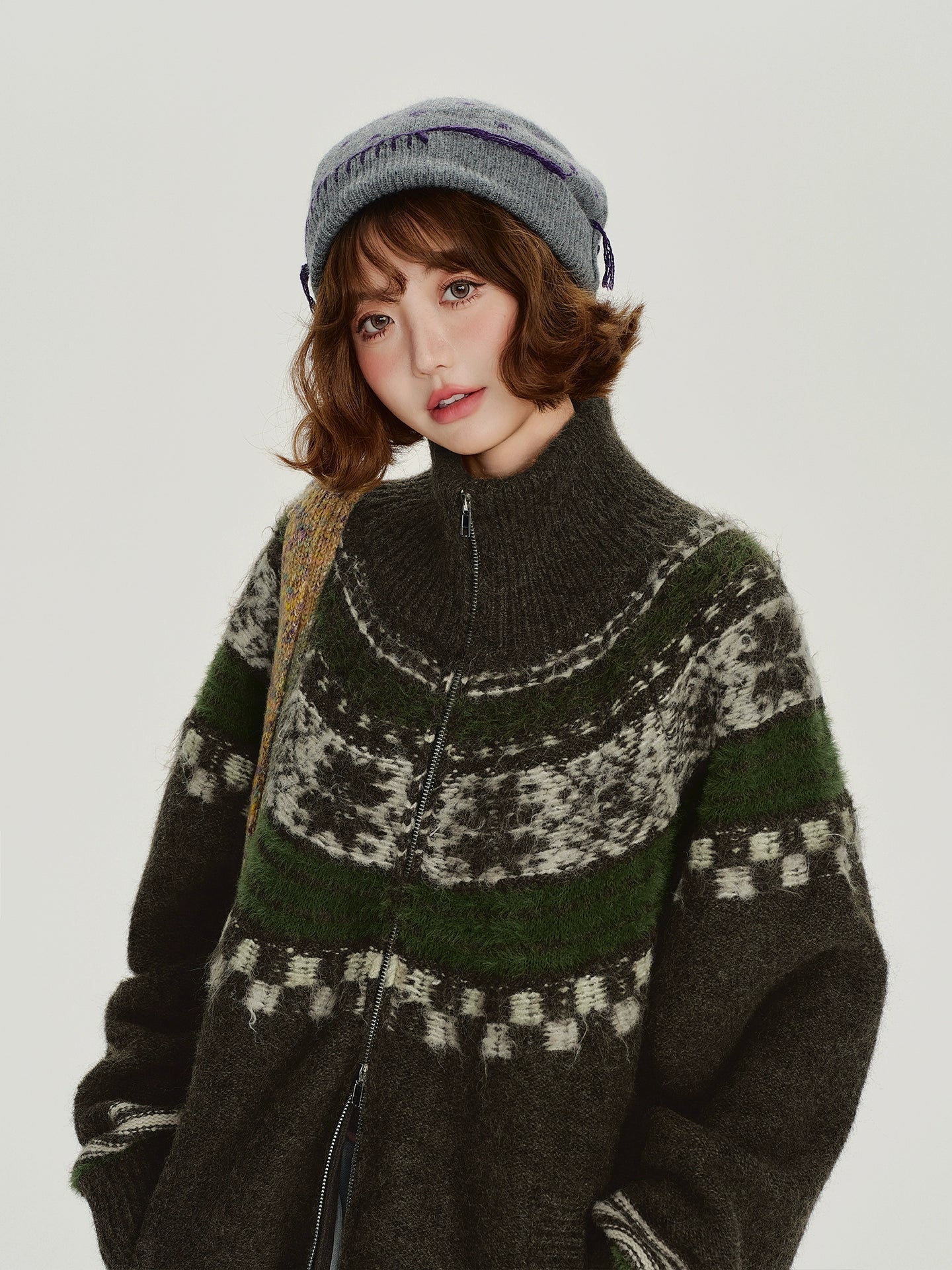 Girlyhalo美式复古费尔岛提花针织外套女冬新款加厚保暖宽松上衣