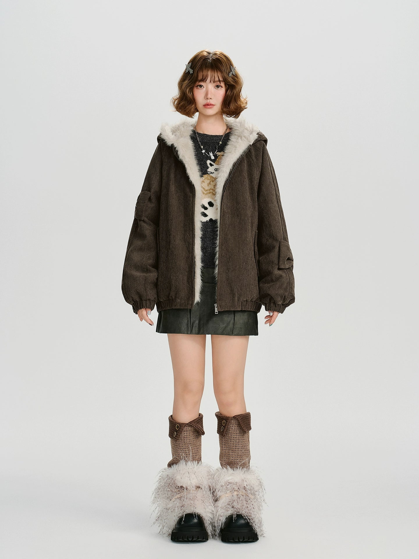 Girlyhalo美式复古连帽外套女冬季新款毛毛绗棉加厚保暖宽松上衣