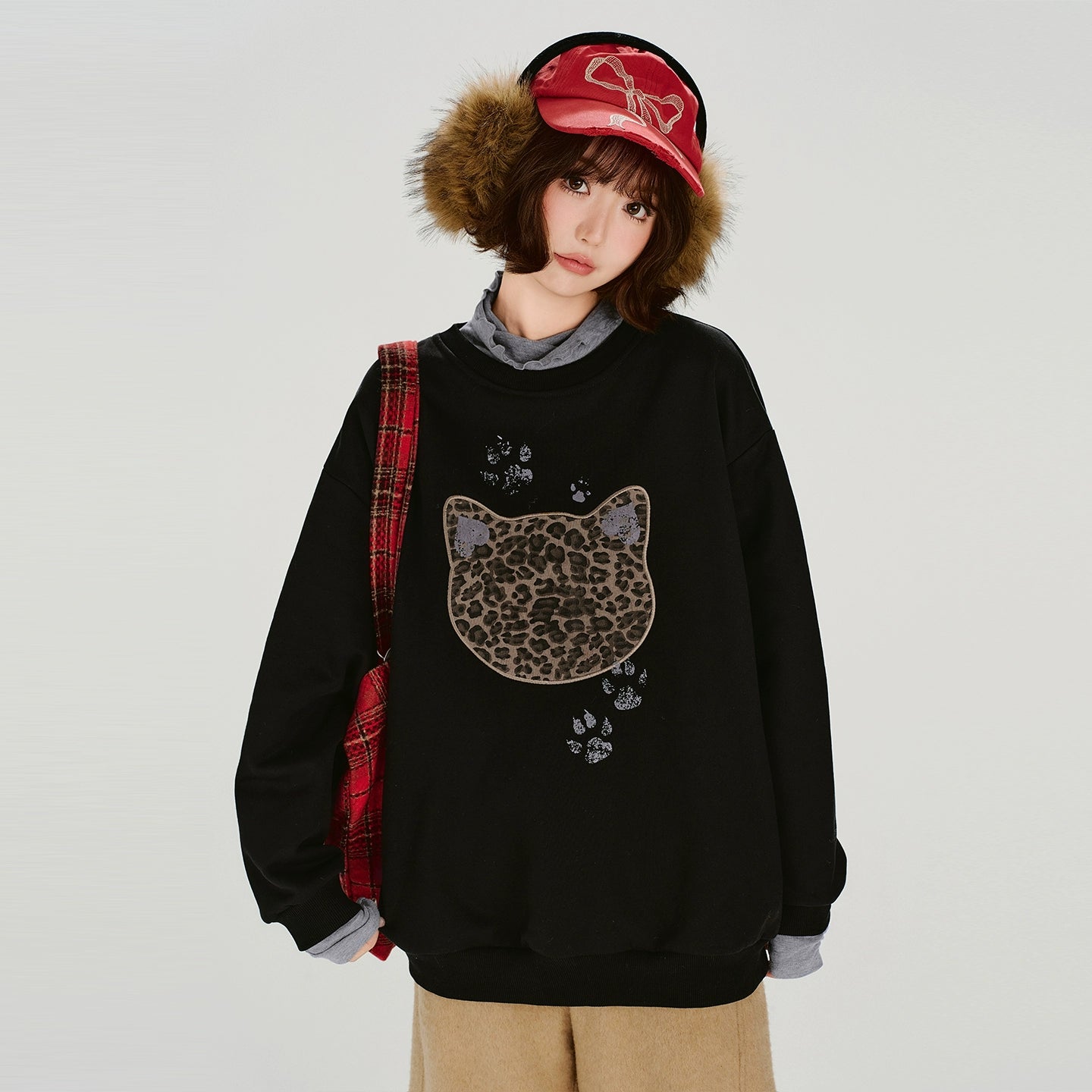 Girlyhalo美式复古刺绣假两件圆领卫衣女秋冬新款加绒宽松上衣