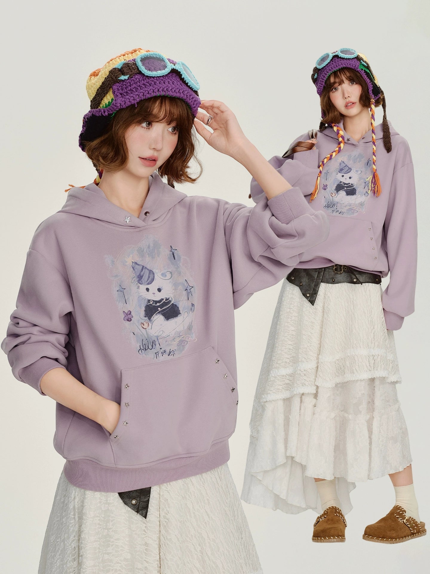 Girlyhalo美式复古印花连帽卫衣女冬季新款加绒保暖慵懒宽松上衣