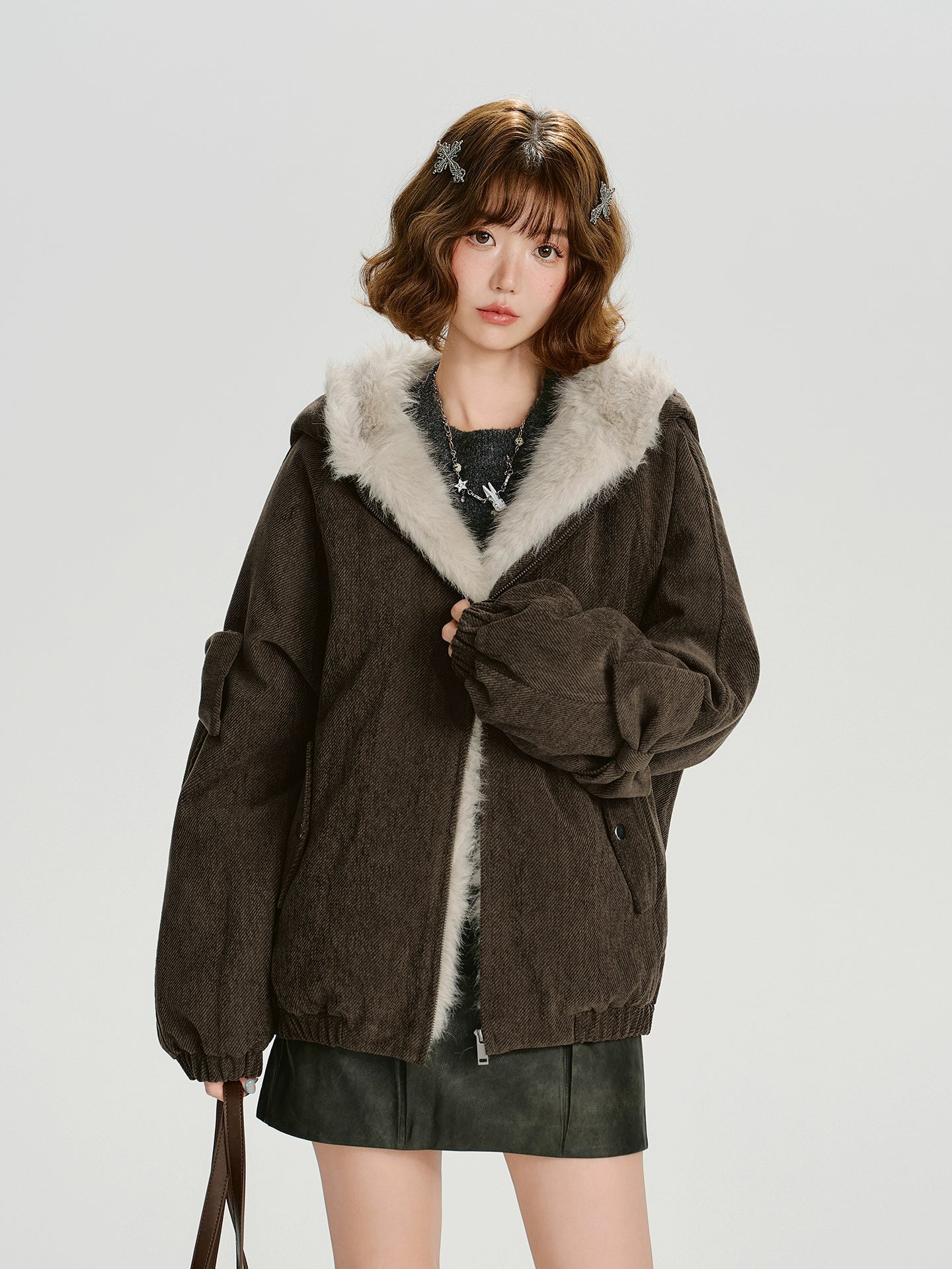 Girlyhalo美式复古连帽外套女冬季新款毛毛绗棉加厚保暖宽松上衣