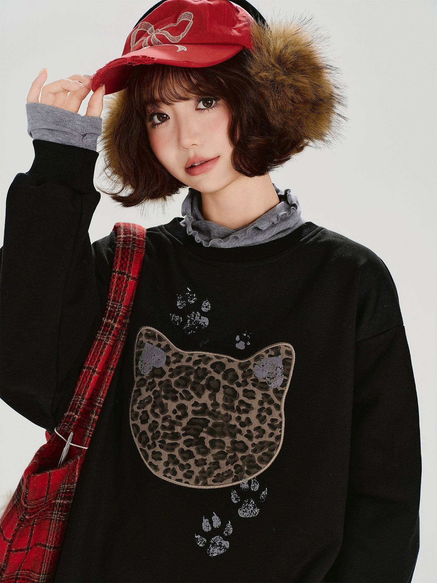 Girlyhalo美式复古刺绣假两件圆领卫衣女秋冬新款加绒宽松上衣