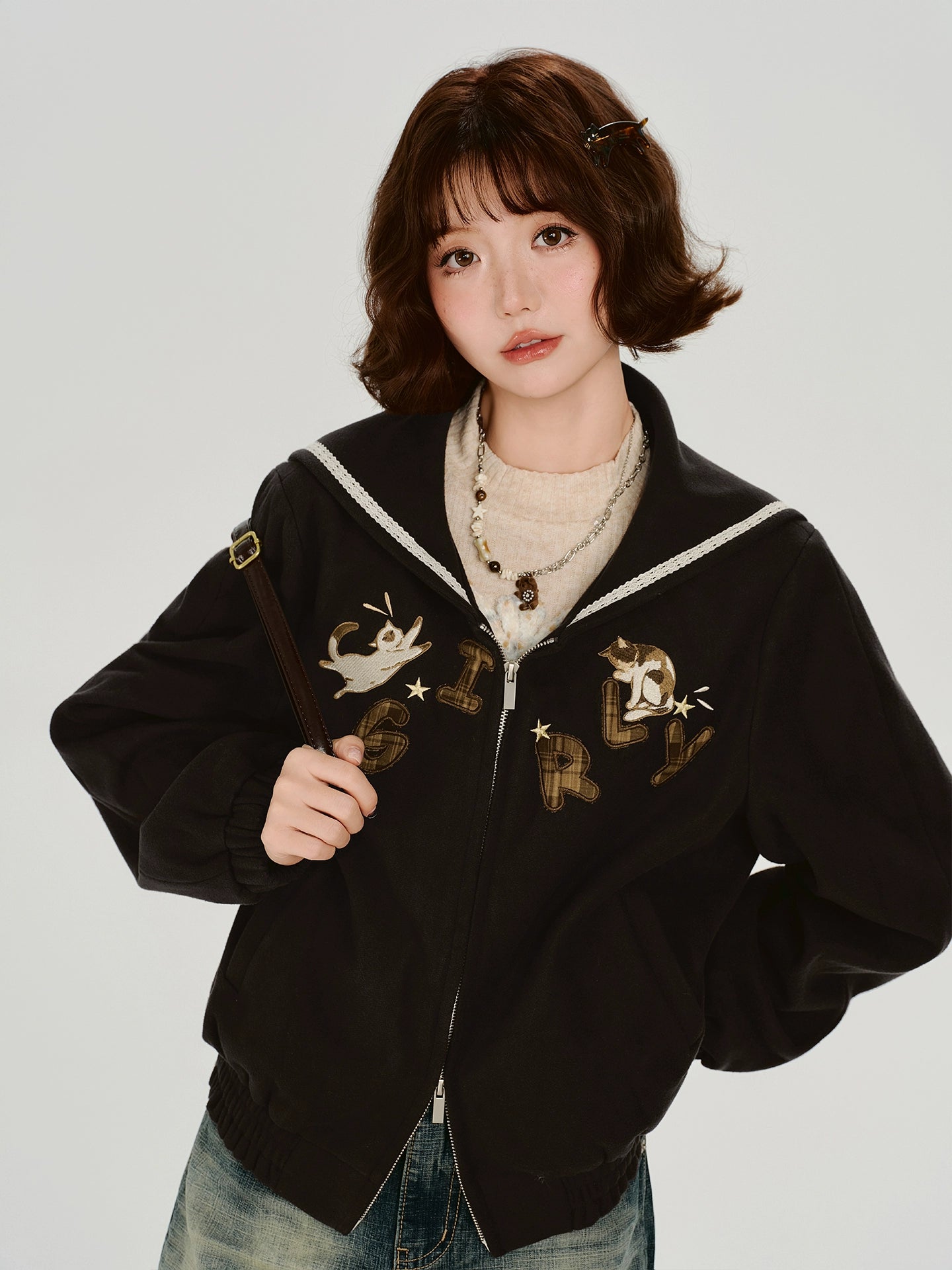 Girlyhalo美式复古刺绣海军领外套女秋冬新款双开拉链宽松上衣