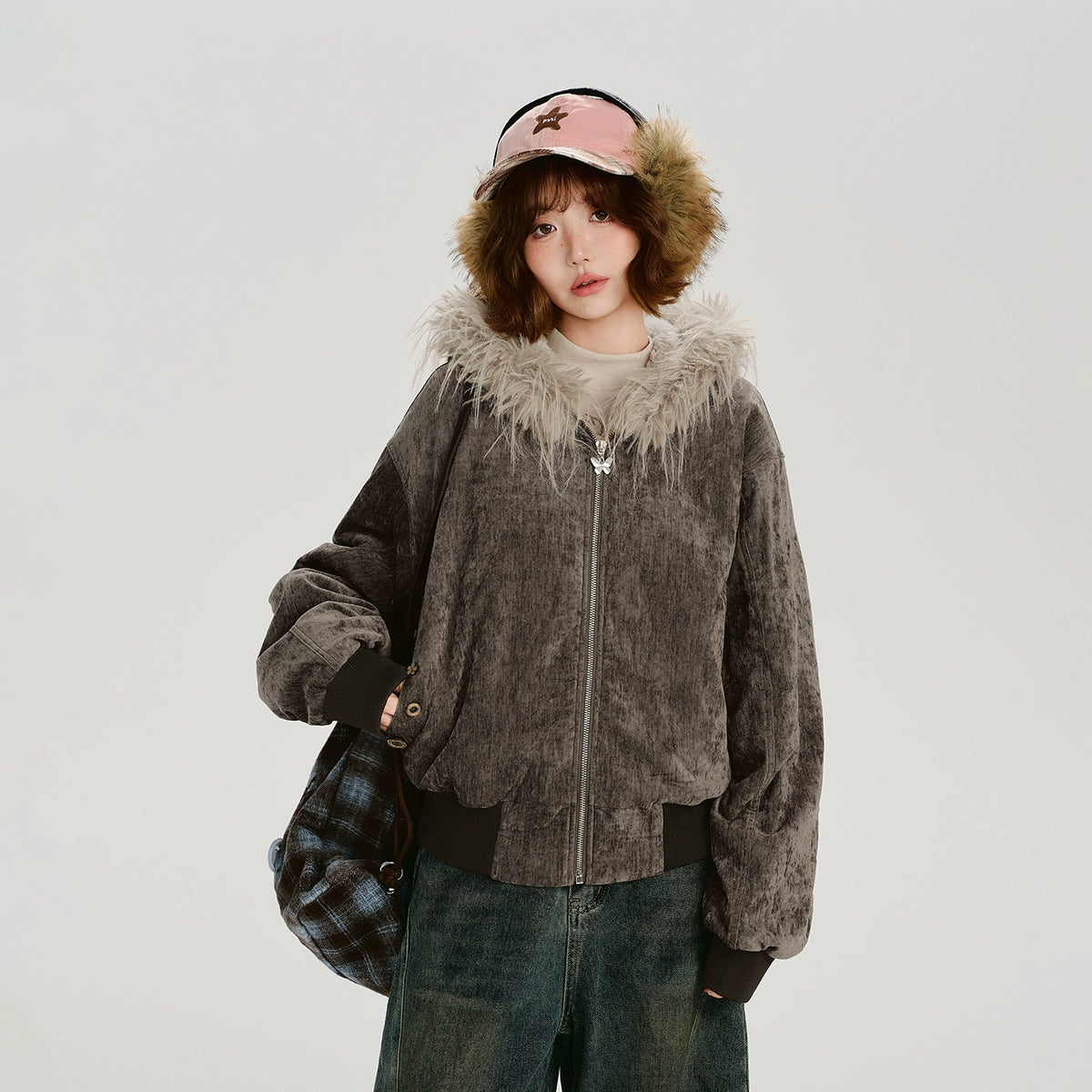 Girlyhalo美式复古连帽毛领绒感外套女冬季新款加厚保暖宽松上衣