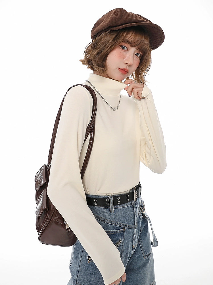 Girlyhalo秋冬加绒针织内搭半高领打底衫女长袖加厚修身显瘦上衣