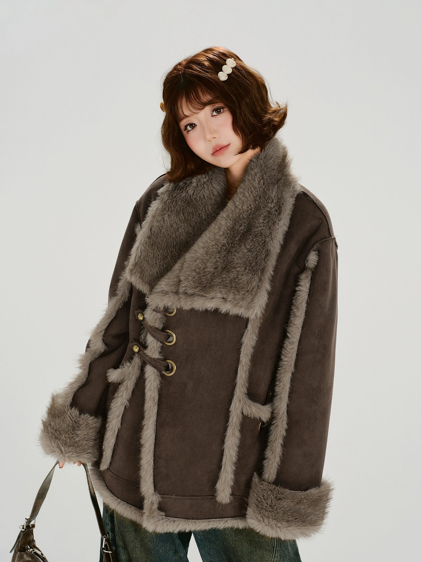 Girlyhalo美式复古大翻领毛绒厚外套女冬季新款加厚保暖宽松上衣