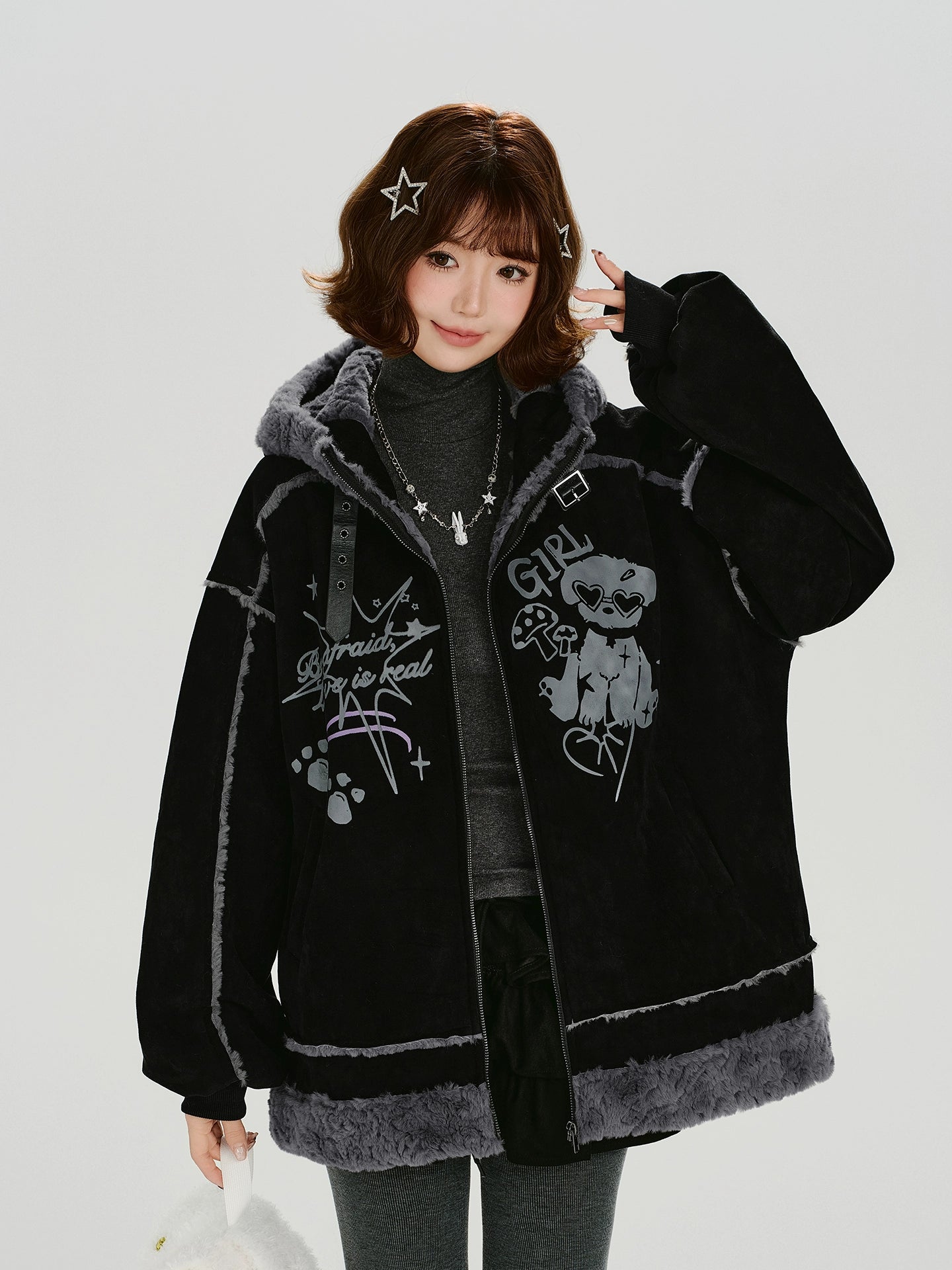 Girlyhalo美式复古印花毛绒麂皮绒外套女冬新款加厚保暖宽松上衣