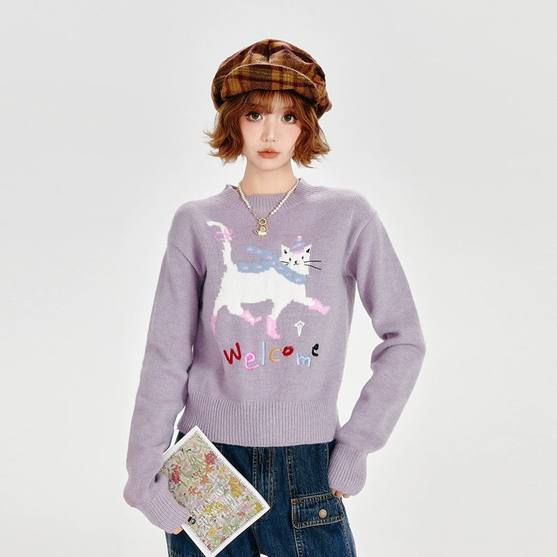 Girlyhalo复古香芋紫卡通小猫圆领套头毛衣女秋冬新款短款针织衫
