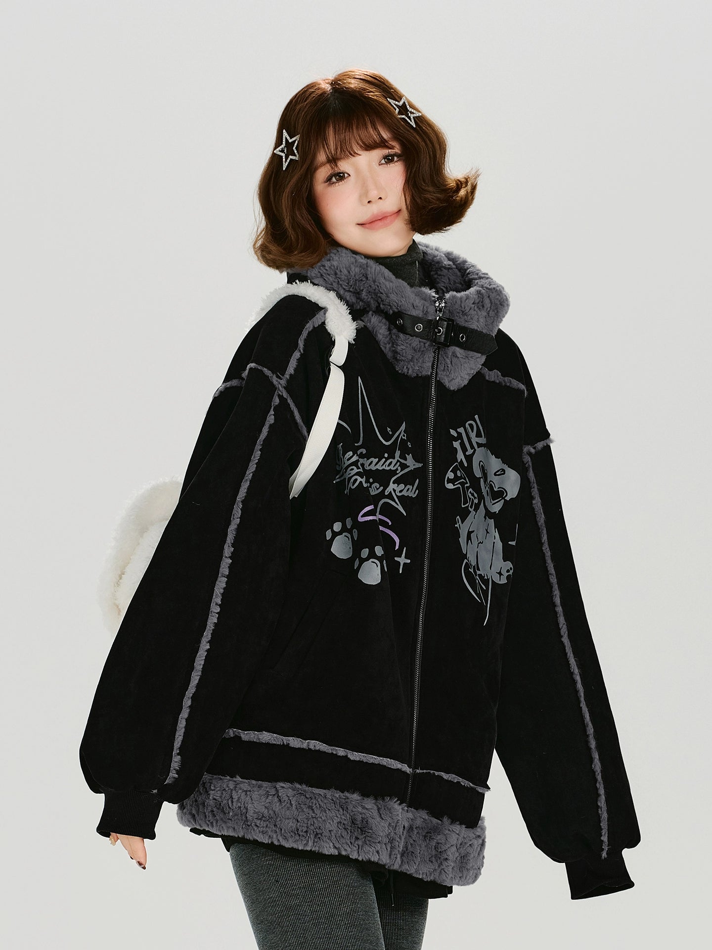 Girlyhalo美式复古印花毛绒麂皮绒外套女冬新款加厚保暖宽松上衣