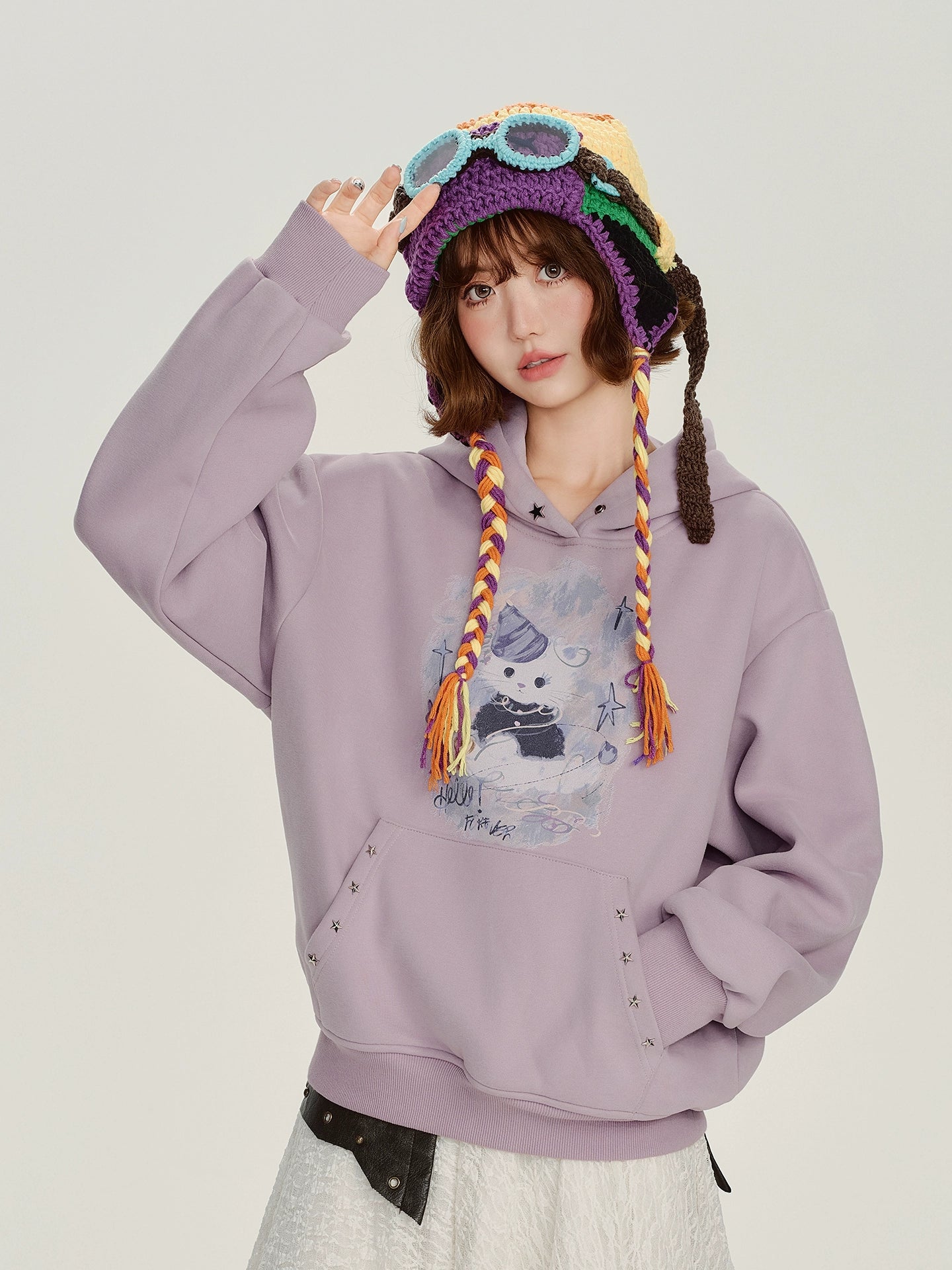 Girlyhalo美式复古印花连帽卫衣女冬季新款加绒保暖慵懒宽松上衣