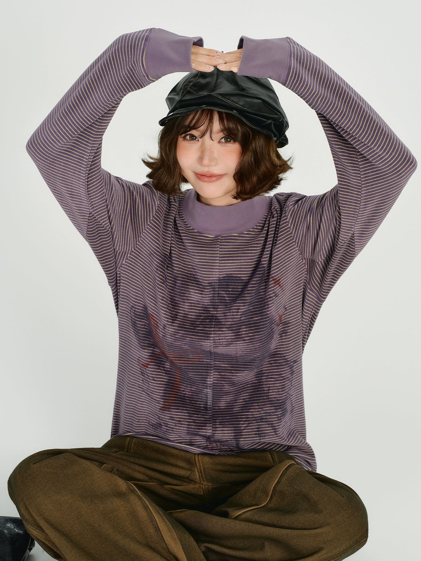 Girlyhalo美式复古印花小高领条纹长袖t恤女秋新款设计感宽松上衣