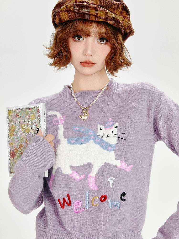 Girlyhalo复古香芋紫卡通小猫圆领套头毛衣女秋冬新款短款针织衫
