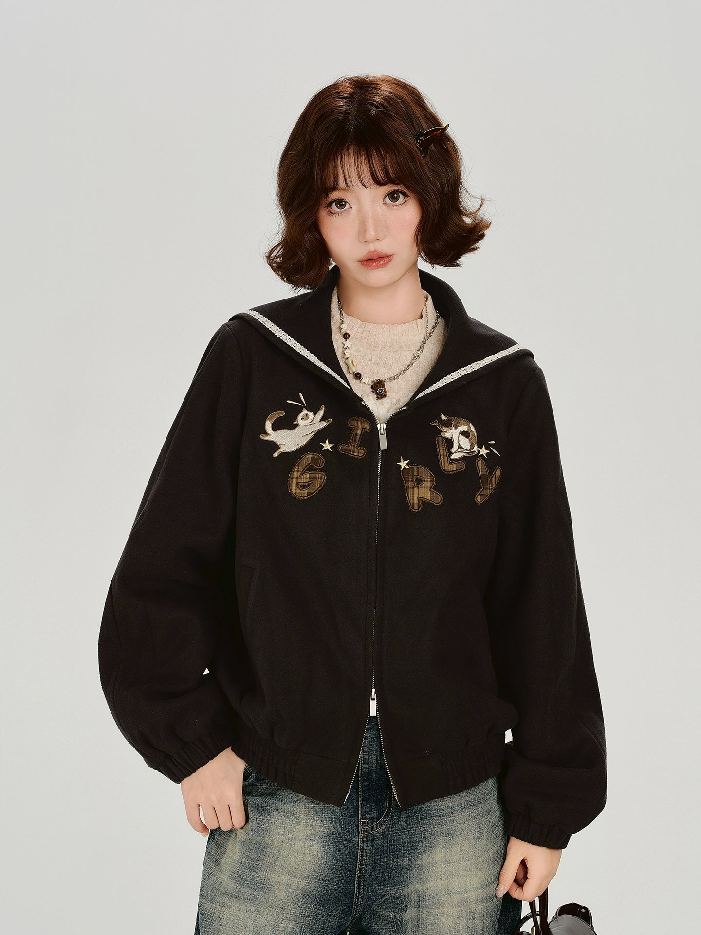 Girlyhalo美式复古刺绣海军领外套女秋冬新款双开拉链宽松上衣