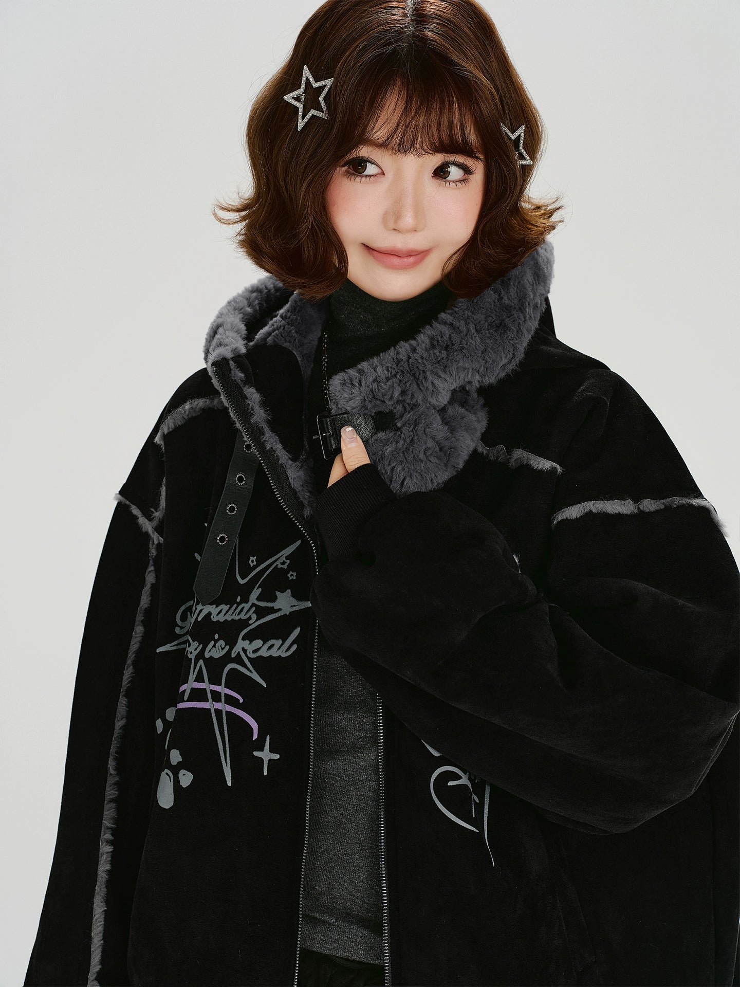 Girlyhalo美式复古印花毛绒麂皮绒外套女冬新款加厚保暖宽松上衣