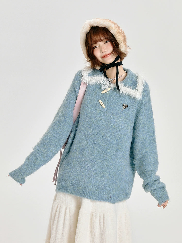 Girlyhalo美式复古polo领毛衣女秋冬新款软糯厚实宽松浅色系上衣