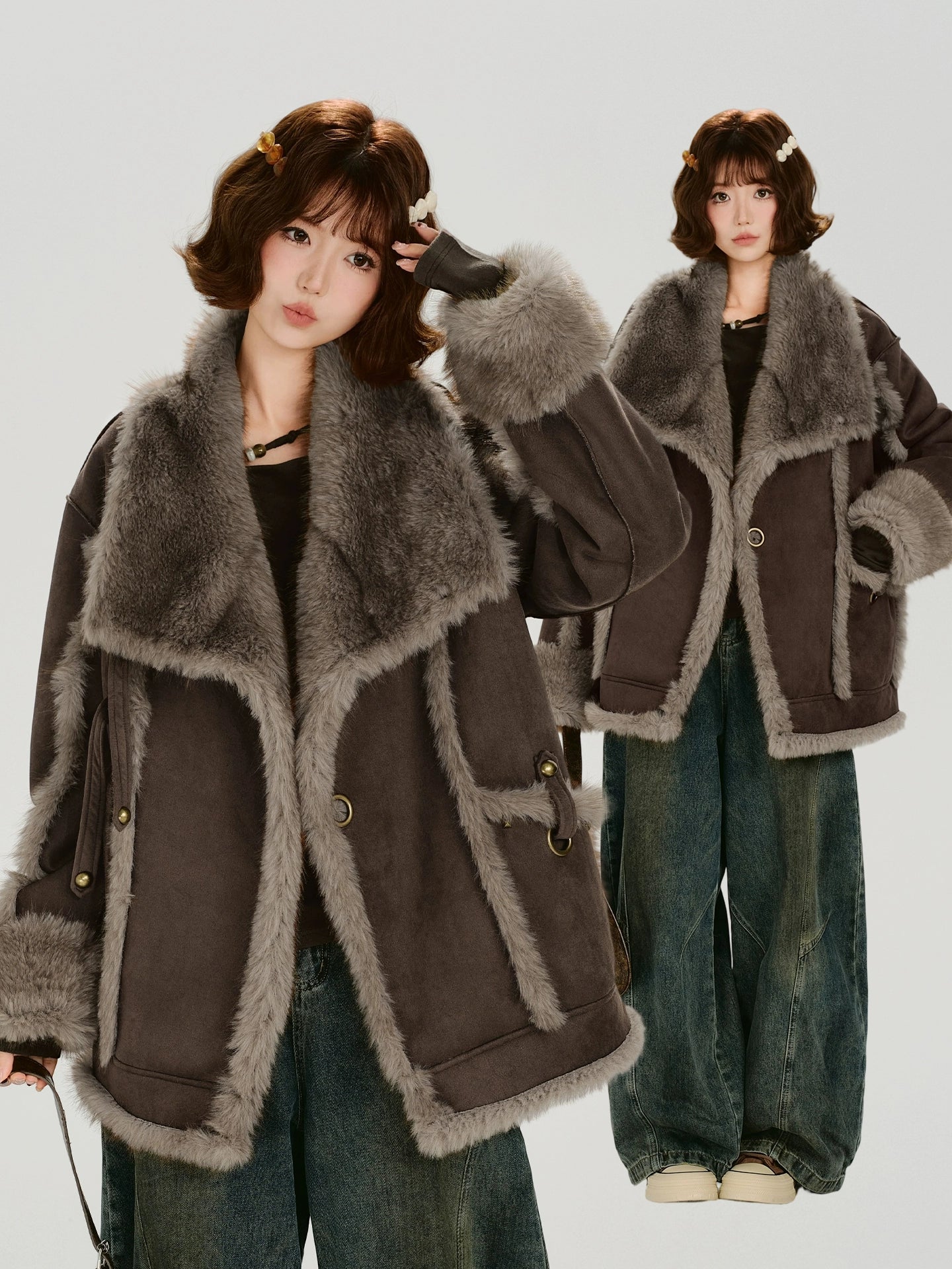 Girlyhalo美式复古大翻领毛绒厚外套女冬季新款加厚保暖宽松上衣