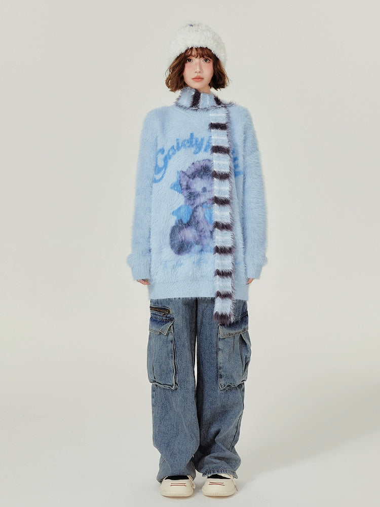 Girlyhalo美式仿貂毛猫咪毛衣女秋冬新款慵懒风宽松软糯针织上衣