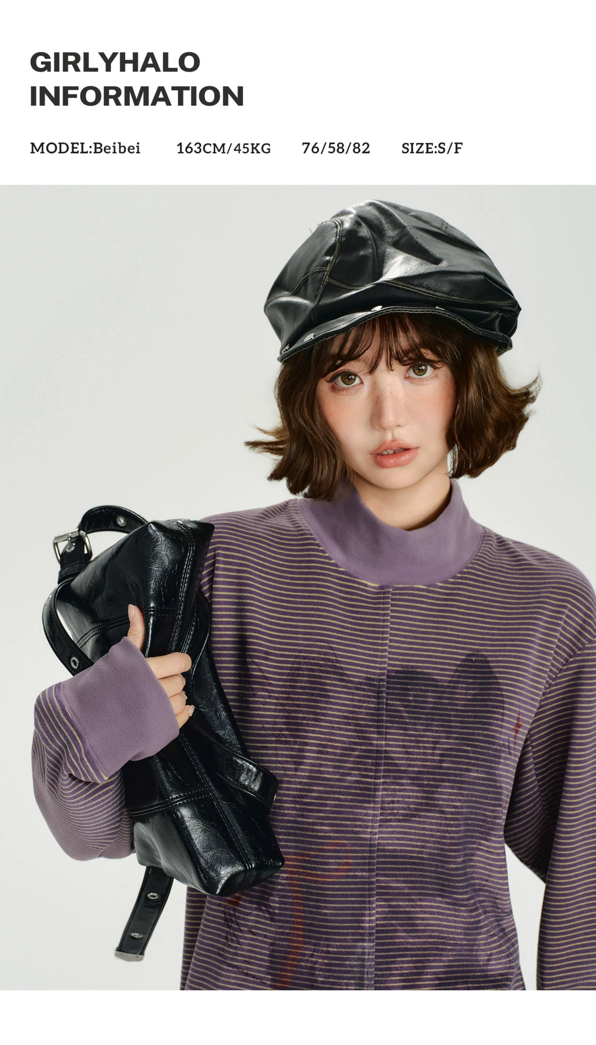 Girlyhalo美式复古印花小高领条纹长袖t恤女秋新款设计感宽松上衣