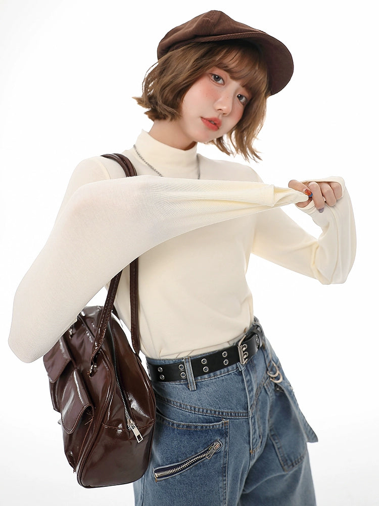 Girlyhalo秋冬加绒针织内搭半高领打底衫女长袖加厚修身显瘦上衣